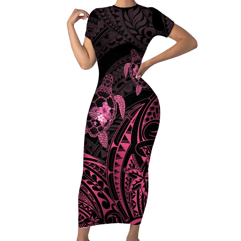 Pink Black Polynesia Floral Sea Turtle Family Matching Short Sleeve Bodycon Dress and Hawaiian Shirt LT14 Mom's Dress Black - Polynesian Pride