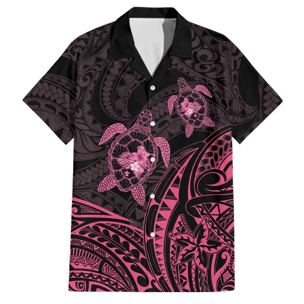 Pink Black Polynesia Floral Sea Turtle Family Matching Summer Maxi Dress and Hawaiian Shirt - Polynesian Pride