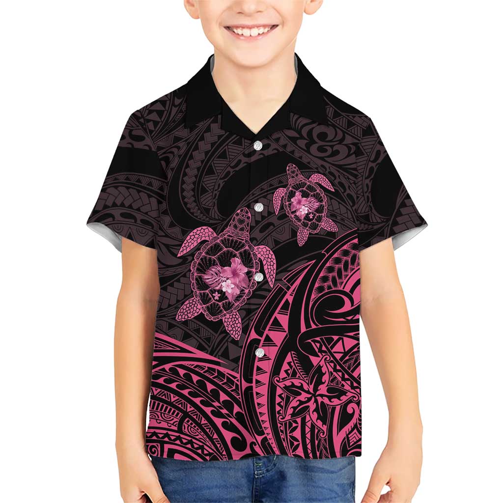 Pink Black Polynesia Floral Sea Turtle Kid Hawaiian Shirt - Polynesian Pride