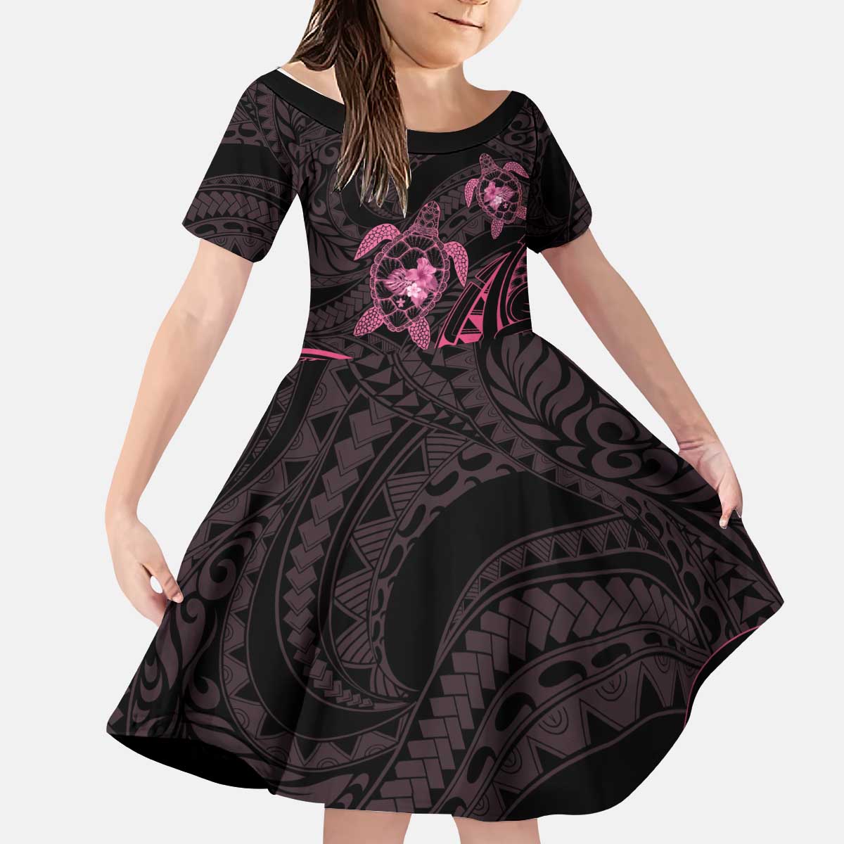 Pink Black Polynesia Floral Sea Turtle Kid Short Sleeve Dress - Polynesian Pride