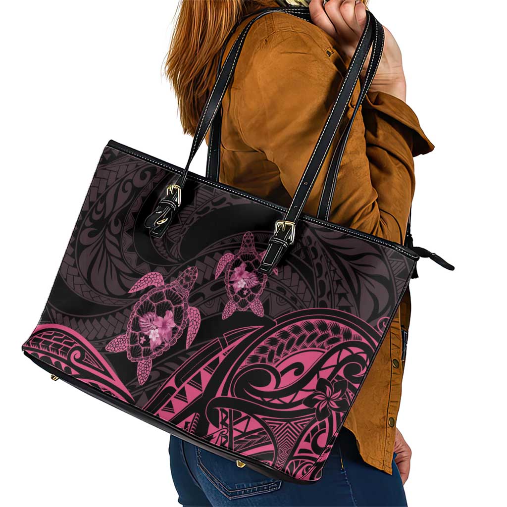 Pink Black Polynesia Floral Sea Turtle Leather Tote Bag - Polynesian Pride