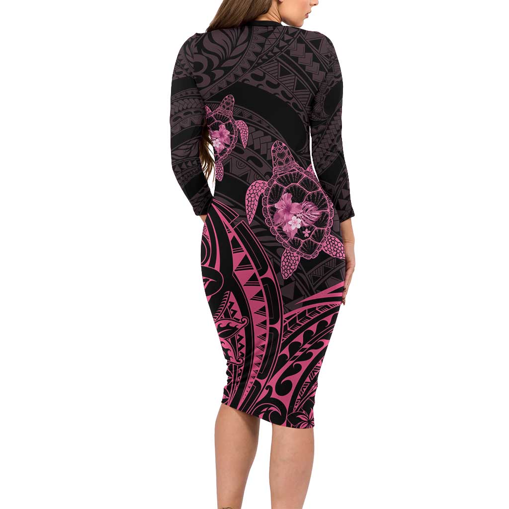 Pink Black Polynesia Floral Sea Turtle Long Sleeve Bodycon Dress - Polynesian Pride