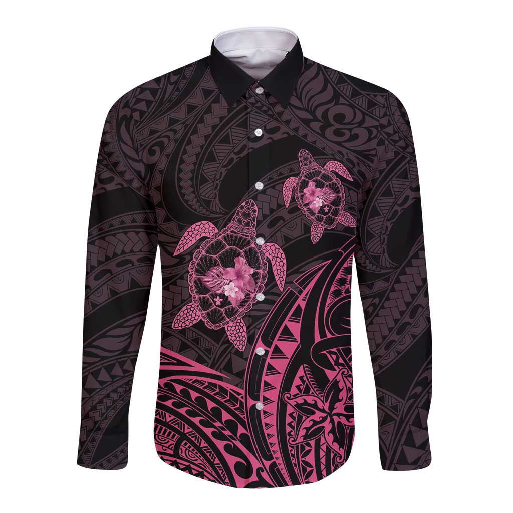Pink Black Polynesia Floral Sea Turtle Long Sleeve Button Shirt - Polynesian Pride