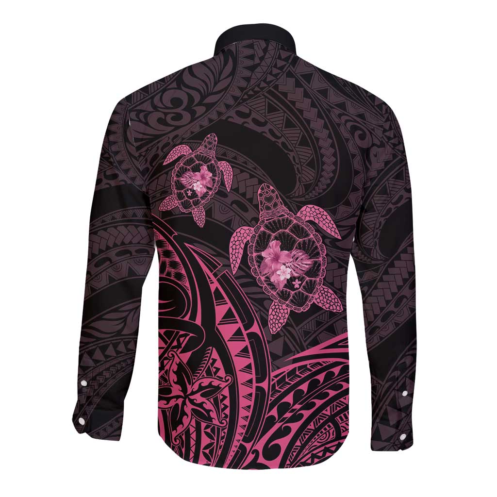 Pink Black Polynesia Floral Sea Turtle Long Sleeve Button Shirt - Polynesian Pride