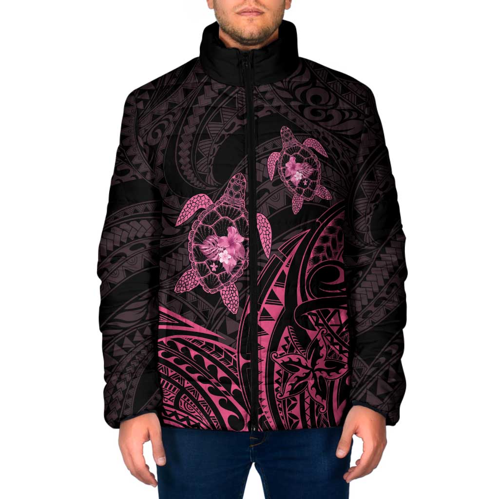Pink Black Polynesia Floral Sea Turtle Padded Jacket - Polynesian Pride