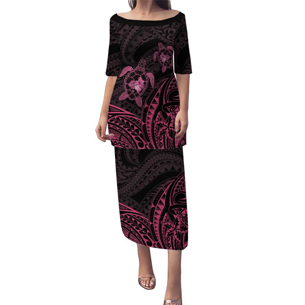 Pink Black Polynesia Floral Sea Turtle Puletasi - Polynesian Pride