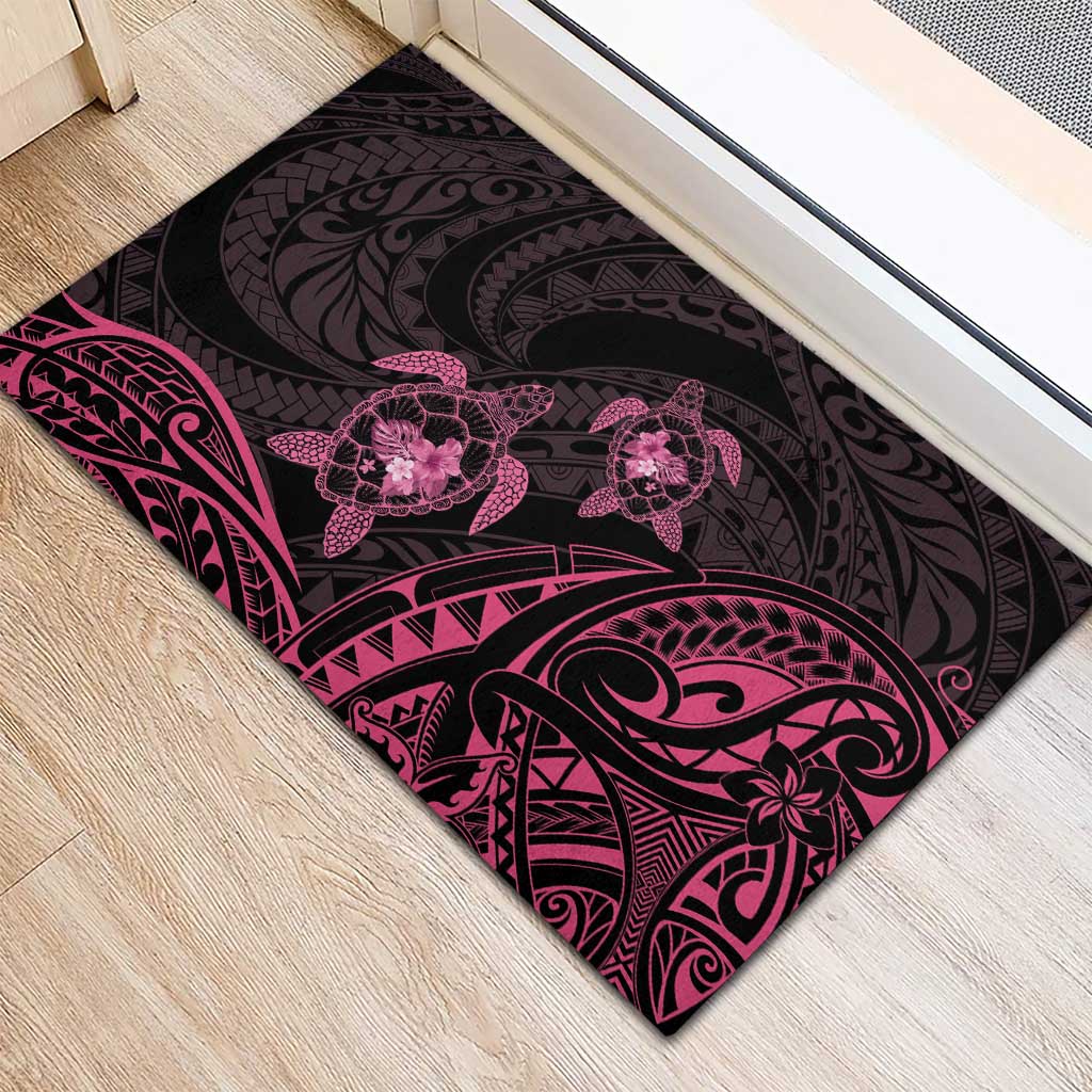 Pink Black Polynesia Floral Sea Turtle Rubber Doormat - Polynesian Pride