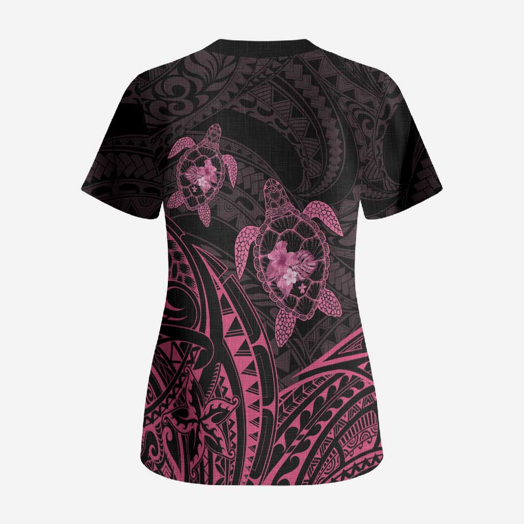 Pink Black Polynesia Floral Sea Turtle Scrub Top - Polynesian Pride