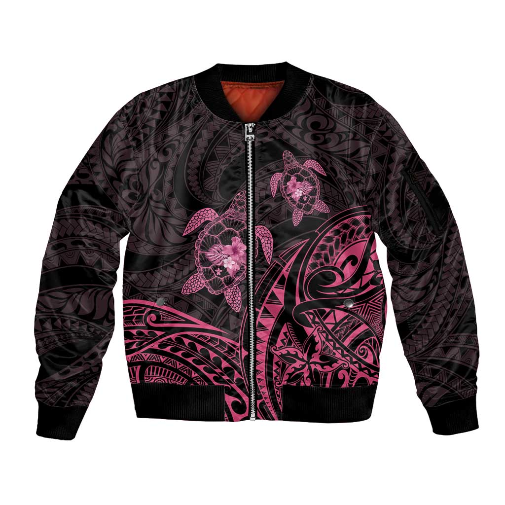 Pink Black Polynesia Floral Sea Turtle Sleeve Zip Bomber Jacket - Polynesian Pride