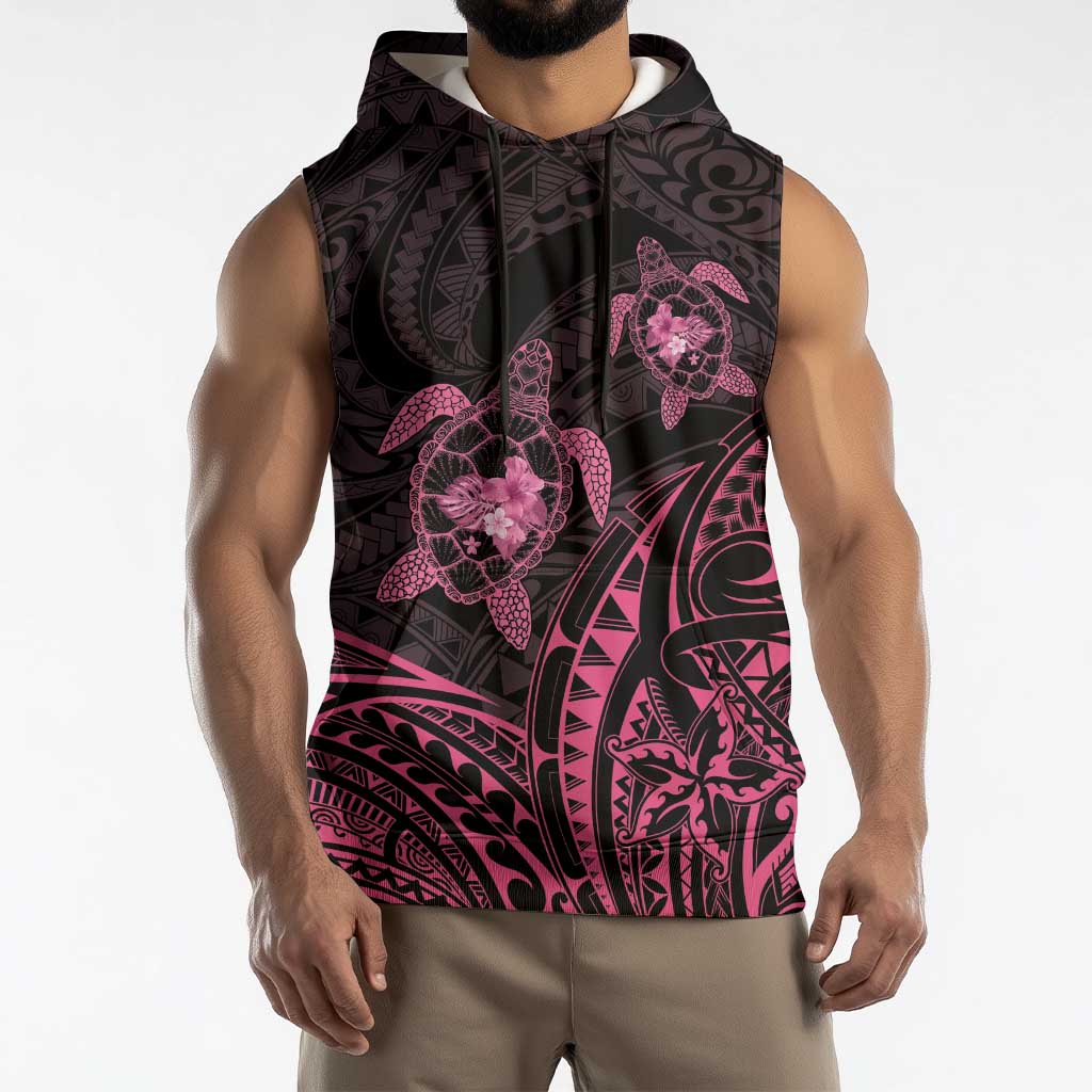 Pink Black Polynesia Floral Sea Turtle Sleeveless Hoodie - Polynesian Pride