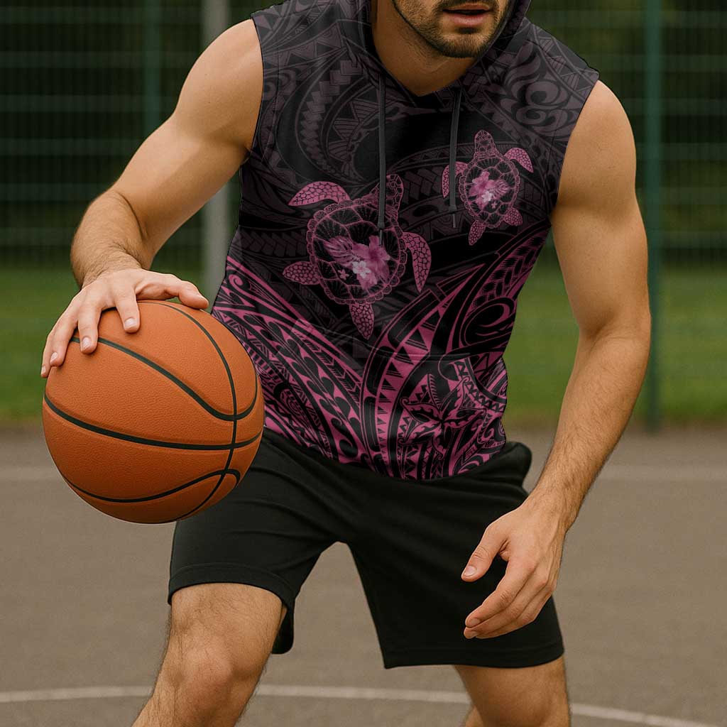 Pink Black Polynesia Floral Sea Turtle Sleeveless Hoodie - Polynesian Pride