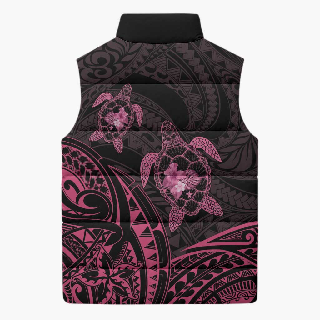 Pink Black Polynesia Floral Sea Turtle Sleeveless Puffer Jacket - Polynesian Pride