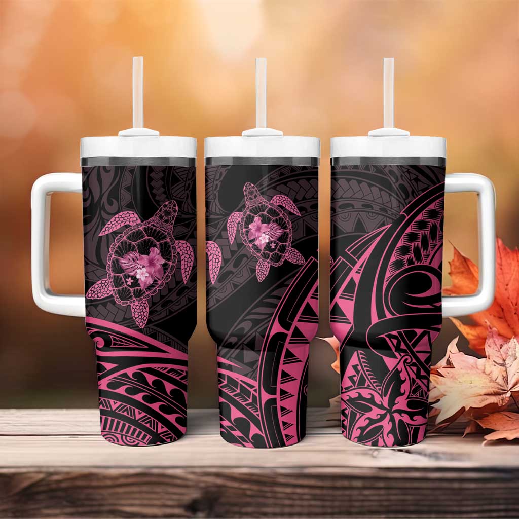 Pink Black Polynesia Floral Sea Turtle Tumbler With Handle - Polynesian Pride