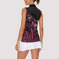 Pink Black Polynesia Floral Sea Turtle Women Sleeveless Polo Shirt - Polynesian Pride