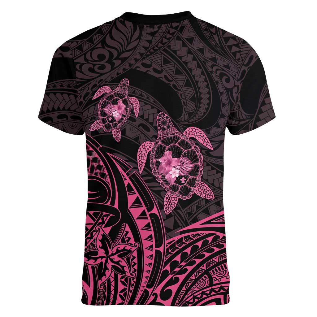 Pink Black Polynesia Floral Sea Turtle Women V-Neck T-Shirt - Polynesian Pride