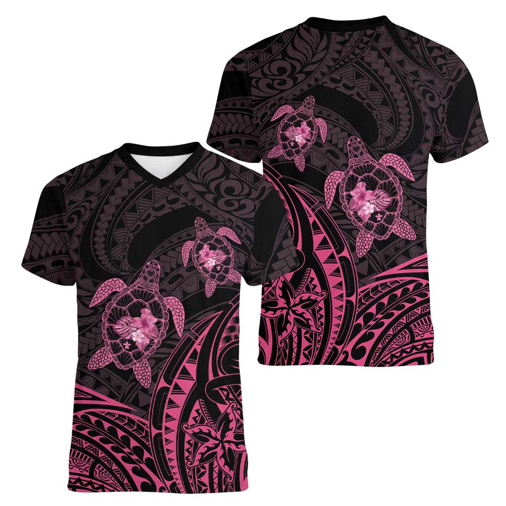 Pink Black Polynesia Floral Sea Turtle Women V-Neck T-Shirt - Polynesian Pride