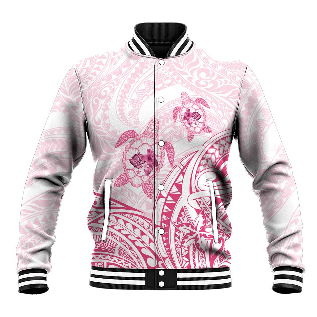 Pink White Polynesia Floral Sea Turtle Baseball Jacket - Polynesian Pride