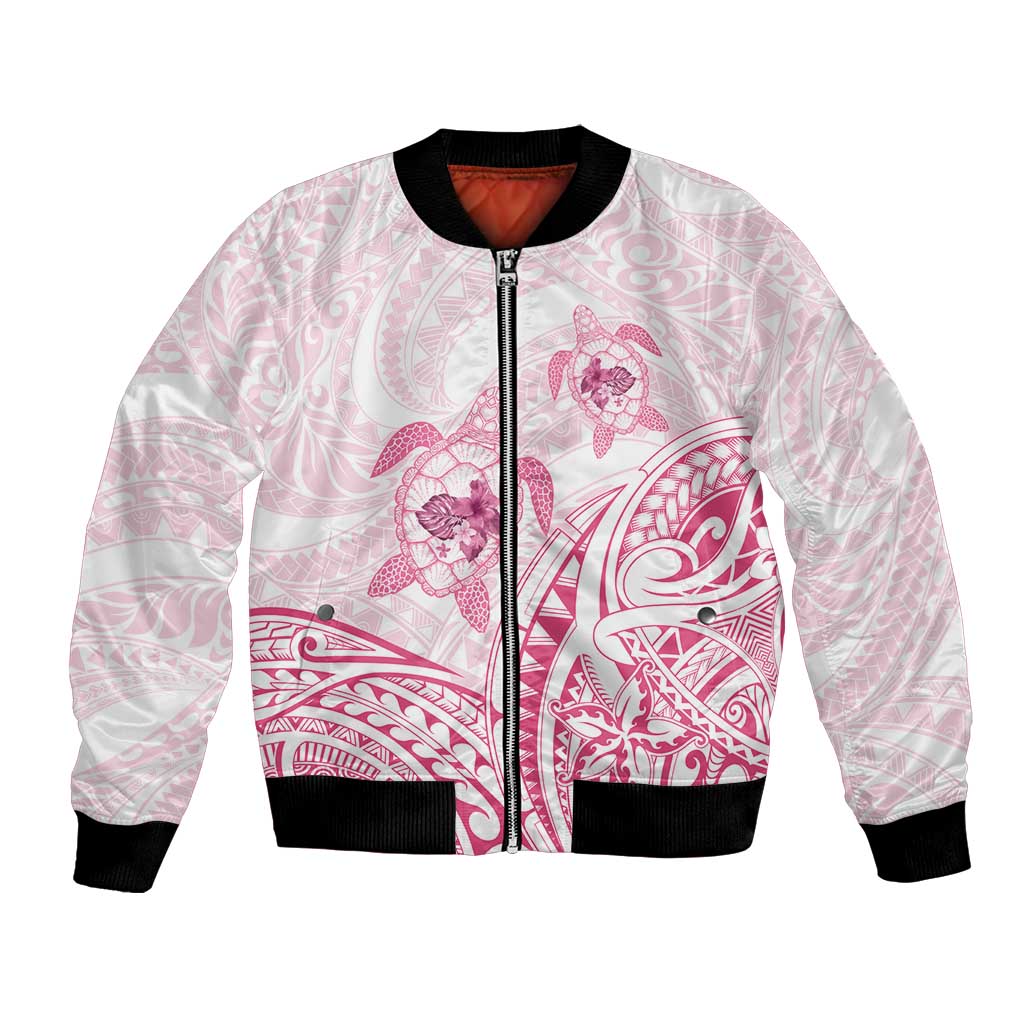 Pink White Polynesia Floral Sea Turtle Bomber Jacket - Polynesian Pride
