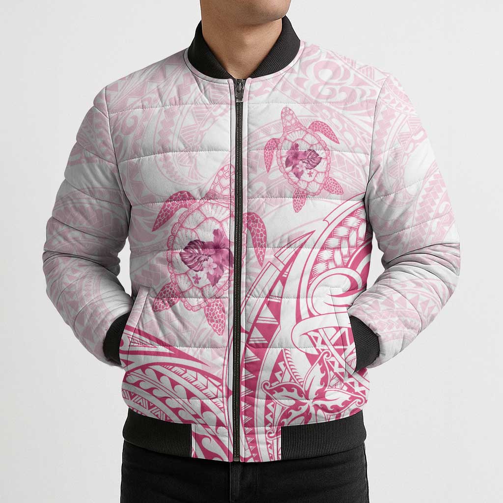 Pink White Polynesia Floral Sea Turtle Bomber Puffer Jacket - Polynesian Pride