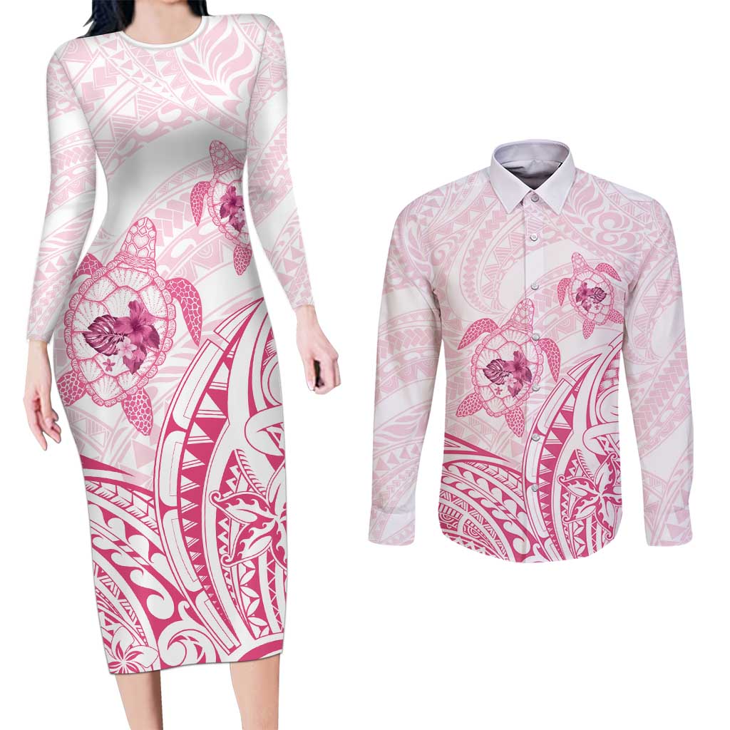 Pink White Polynesia Floral Sea Turtle Couples Matching Long Sleeve Bodycon Dress and Long Sleeve Button Shirt - Polynesian Pride