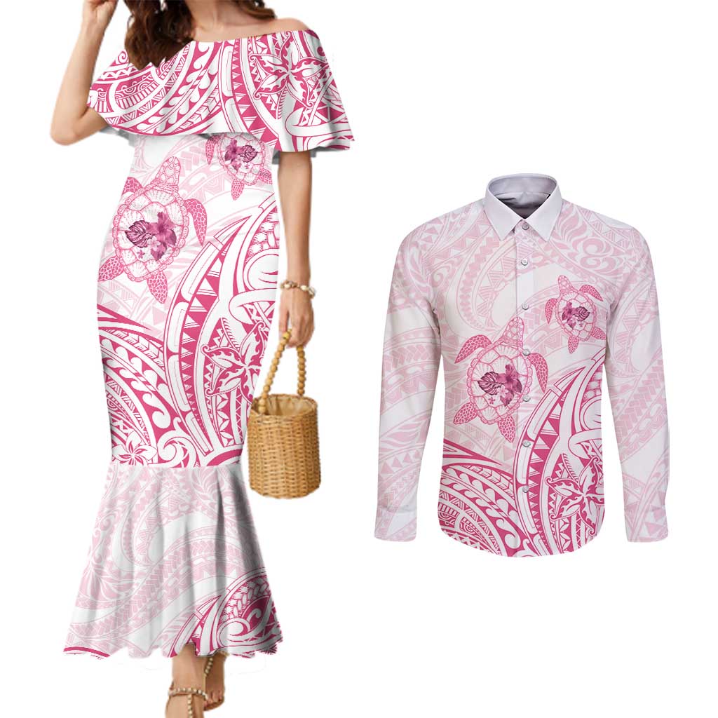 Pink White Polynesia Floral Sea Turtle Couples Matching Mermaid Dress and Long Sleeve Button Shirt - Polynesian Pride