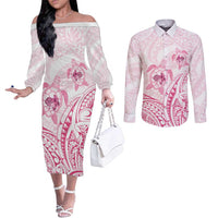 Pink White Polynesia Floral Sea Turtle Couples Matching Off The Shoulder Long Sleeve Dress and Long Sleeve Button Shirt - Polynesian Pride