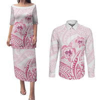 Pink White Polynesia Floral Sea Turtle Couples Matching Puletasi and Long Sleeve Button Shirt - Polynesian Pride