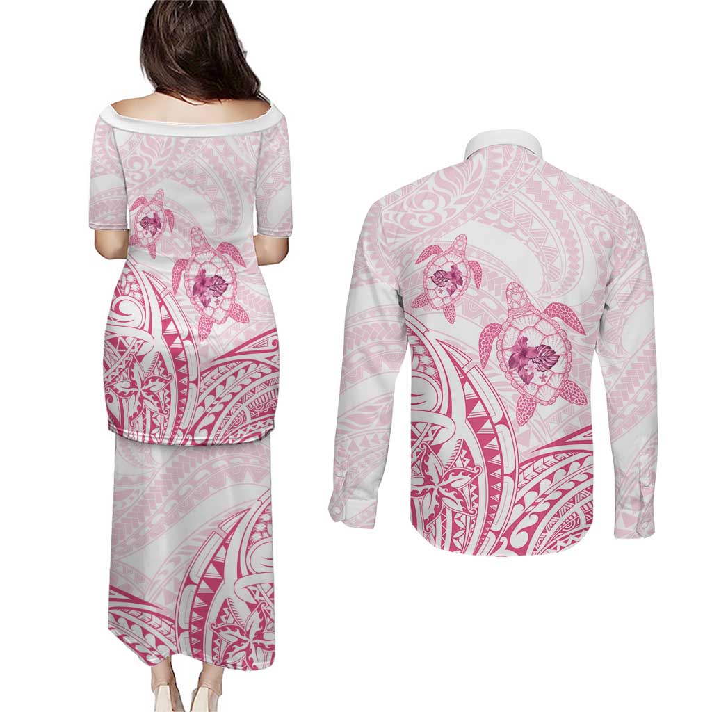 Pink White Polynesia Floral Sea Turtle Couples Matching Puletasi and Long Sleeve Button Shirt - Polynesian Pride