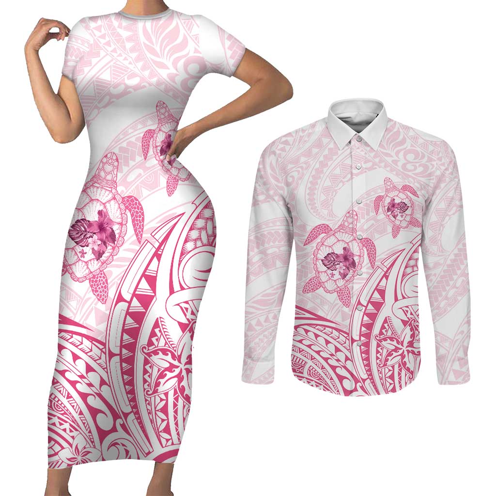 Pink White Polynesia Floral Sea Turtle Couples Matching Short Sleeve Bodycon Dress and Long Sleeve Button Shirt - Polynesian Pride