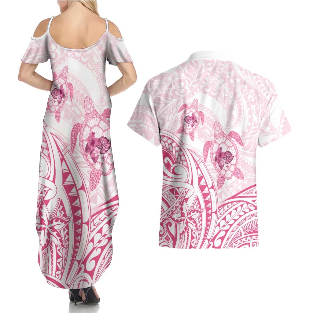Pink White Polynesia Floral Sea Turtle Couples Matching Summer Maxi Dress and Hawaiian Shirt - Polynesian Pride