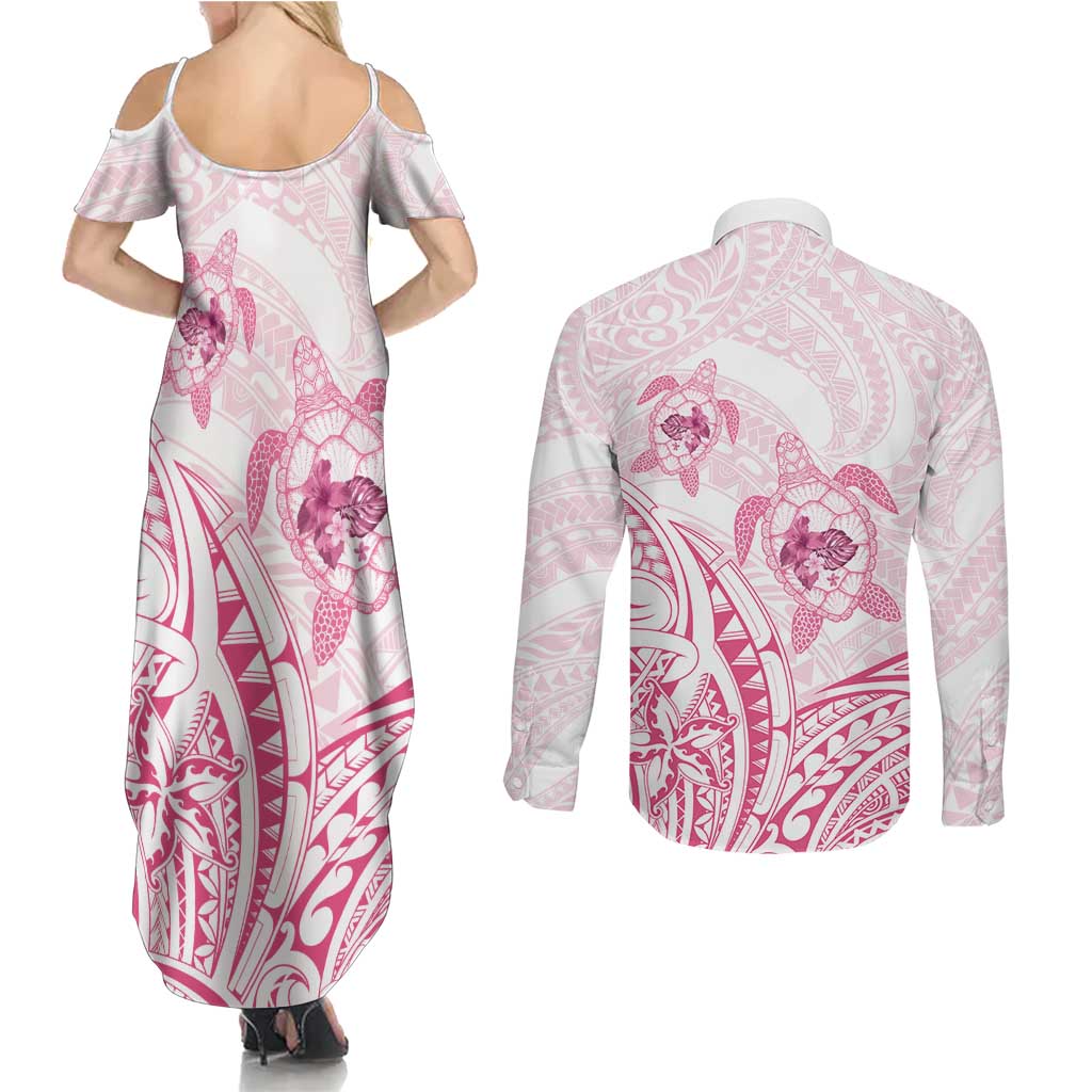 Pink White Polynesia Floral Sea Turtle Couples Matching Summer Maxi Dress and Long Sleeve Button Shirt - Polynesian Pride