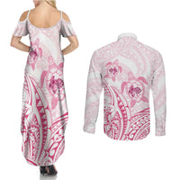 Pink White Polynesia Floral Sea Turtle Couples Matching Summer Maxi Dress and Long Sleeve Button Shirt - Polynesian Pride