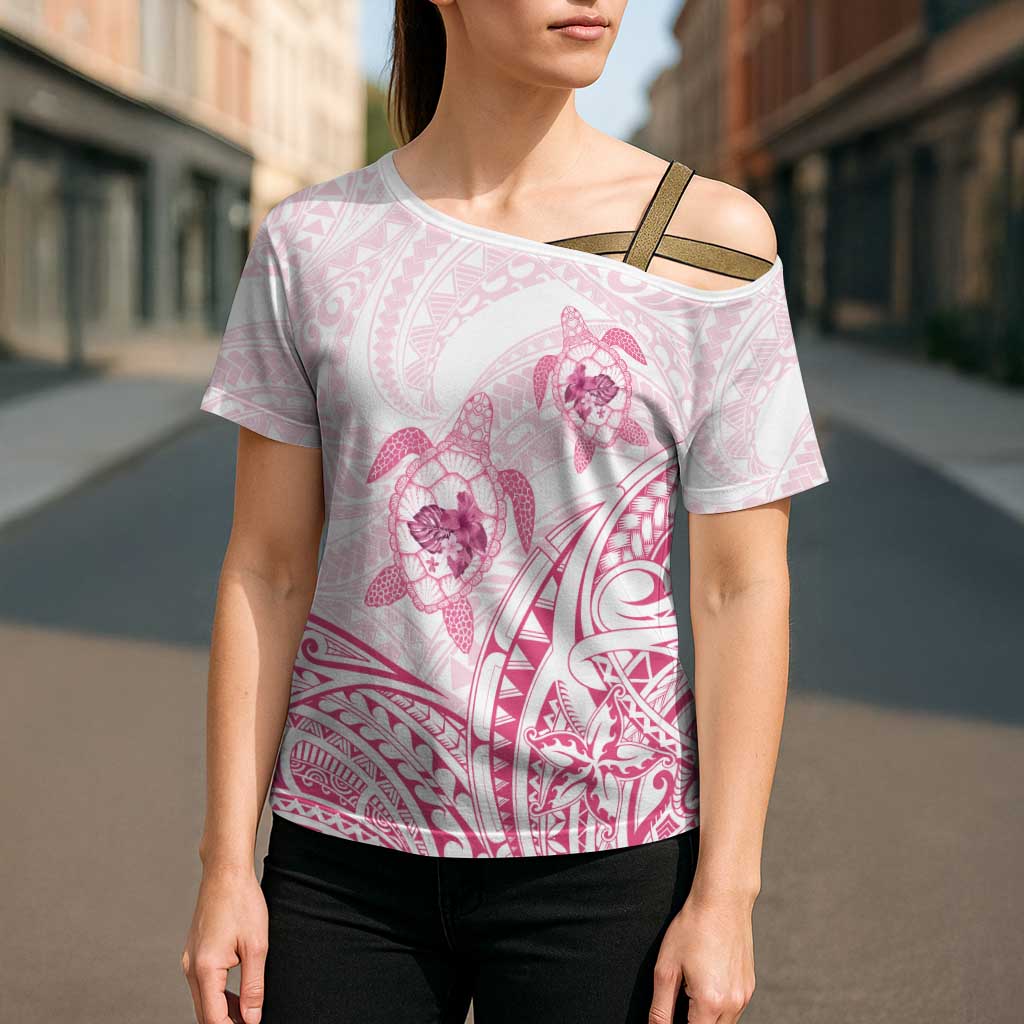 Pink White Polynesia Floral Sea Turtle Cross Shoulder Shirt - Polynesian Pride