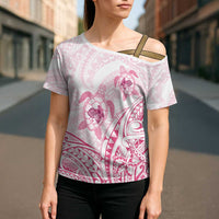 Pink White Polynesia Floral Sea Turtle Cross Shoulder Shirt - Polynesian Pride
