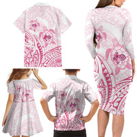 Pink White Polynesia Floral Sea Turtle Family Matching Long Sleeve Bodycon Dress and Hawaiian Shirt LT14 - Polynesian Pride