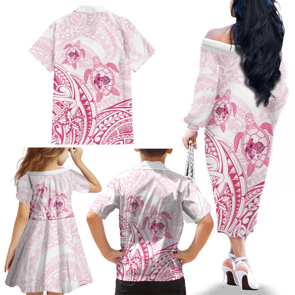 Pink White Polynesia Floral Sea Turtle Family Matching Off The Shoulder Long Sleeve Dress and Hawaiian Shirt LT14 - Polynesian Pride