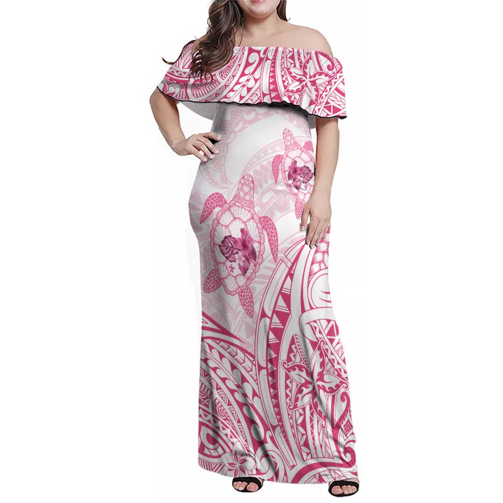 Pink White Polynesia Floral Sea Turtle Family Matching Off Shoulder Maxi Dress and Hawaiian Shirt - Polynesian Pride