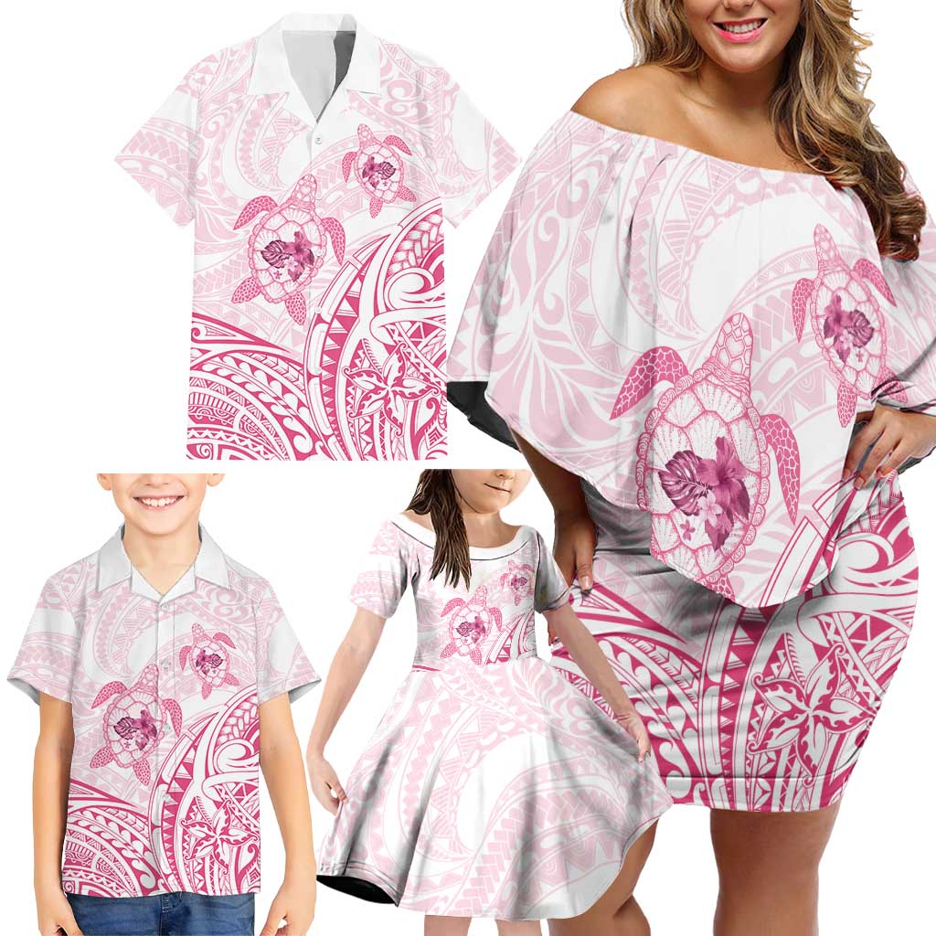 Pink White Polynesia Floral Sea Turtle Family Matching Off Shoulder Short Dress and Hawaiian Shirt - Polynesian Pride