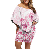Pink White Polynesia Floral Sea Turtle Family Matching Off Shoulder Short Dress and Hawaiian Shirt - Polynesian Pride