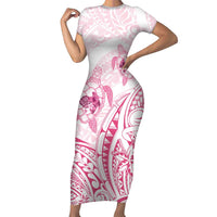 Pink White Polynesia Floral Sea Turtle Family Matching Short Sleeve Bodycon Dress and Hawaiian Shirt LT14 Mom's Dress White - Polynesian Pride