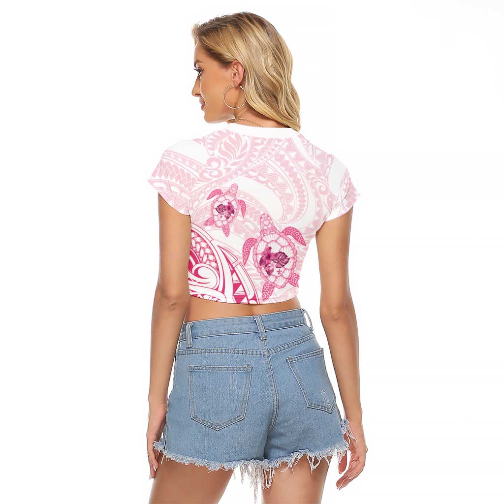 Pink White Polynesia Floral Sea Turtle Raglan Cropped T Shirt - Polynesian Pride