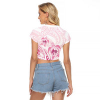 Pink White Polynesia Floral Sea Turtle Raglan Cropped T Shirt - Polynesian Pride