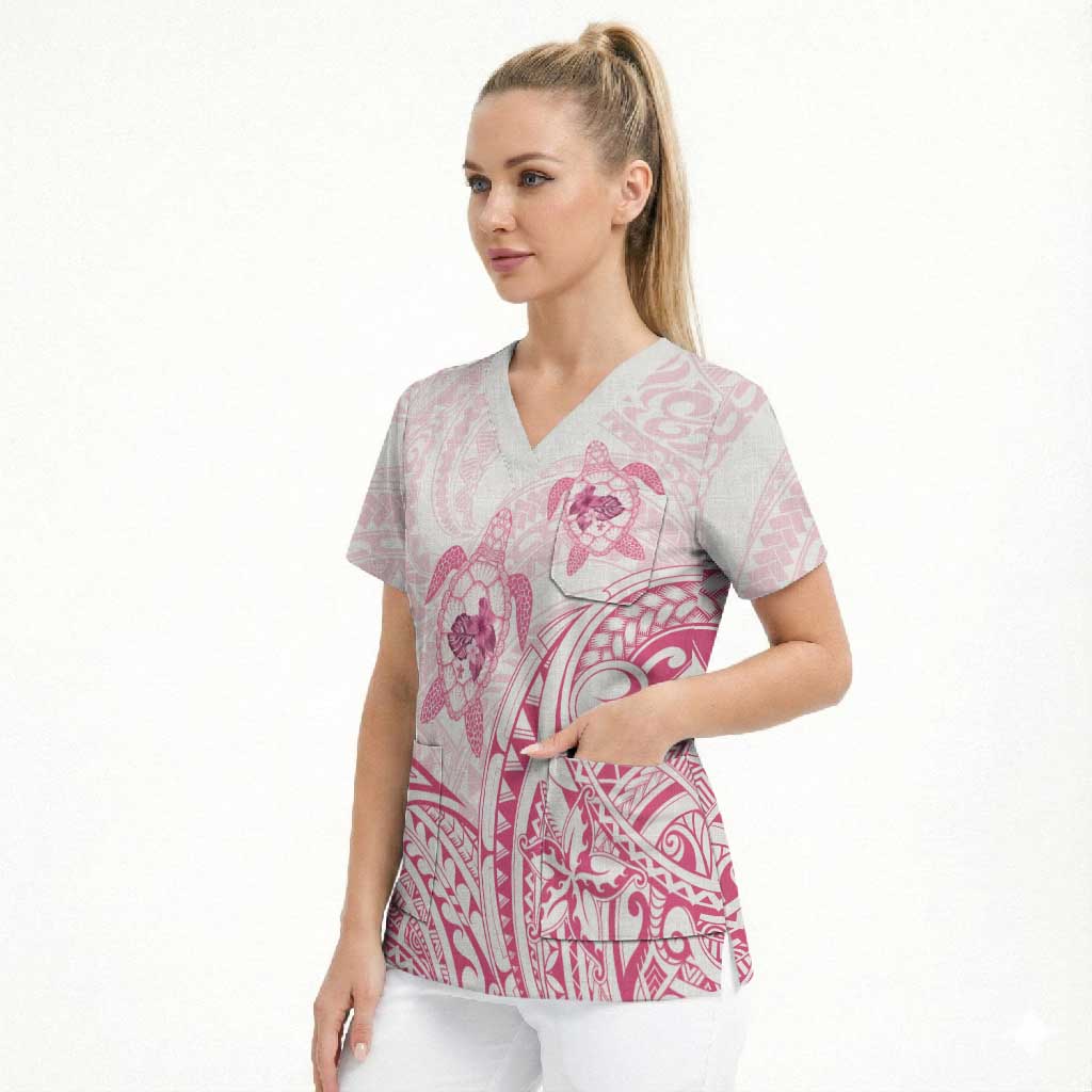 Pink White Polynesia Floral Sea Turtle Scrub Top - Polynesian Pride