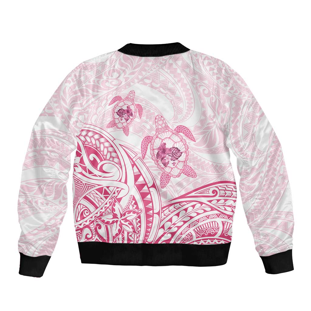 Pink White Polynesia Floral Sea Turtle Sleeve Zip Bomber Jacket - Polynesian Pride