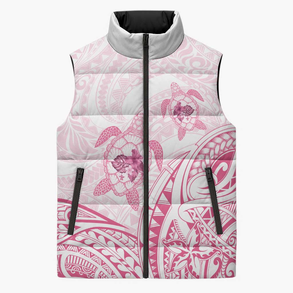 Pink White Polynesia Floral Sea Turtle Sleeveless Puffer Jacket - Polynesian Pride