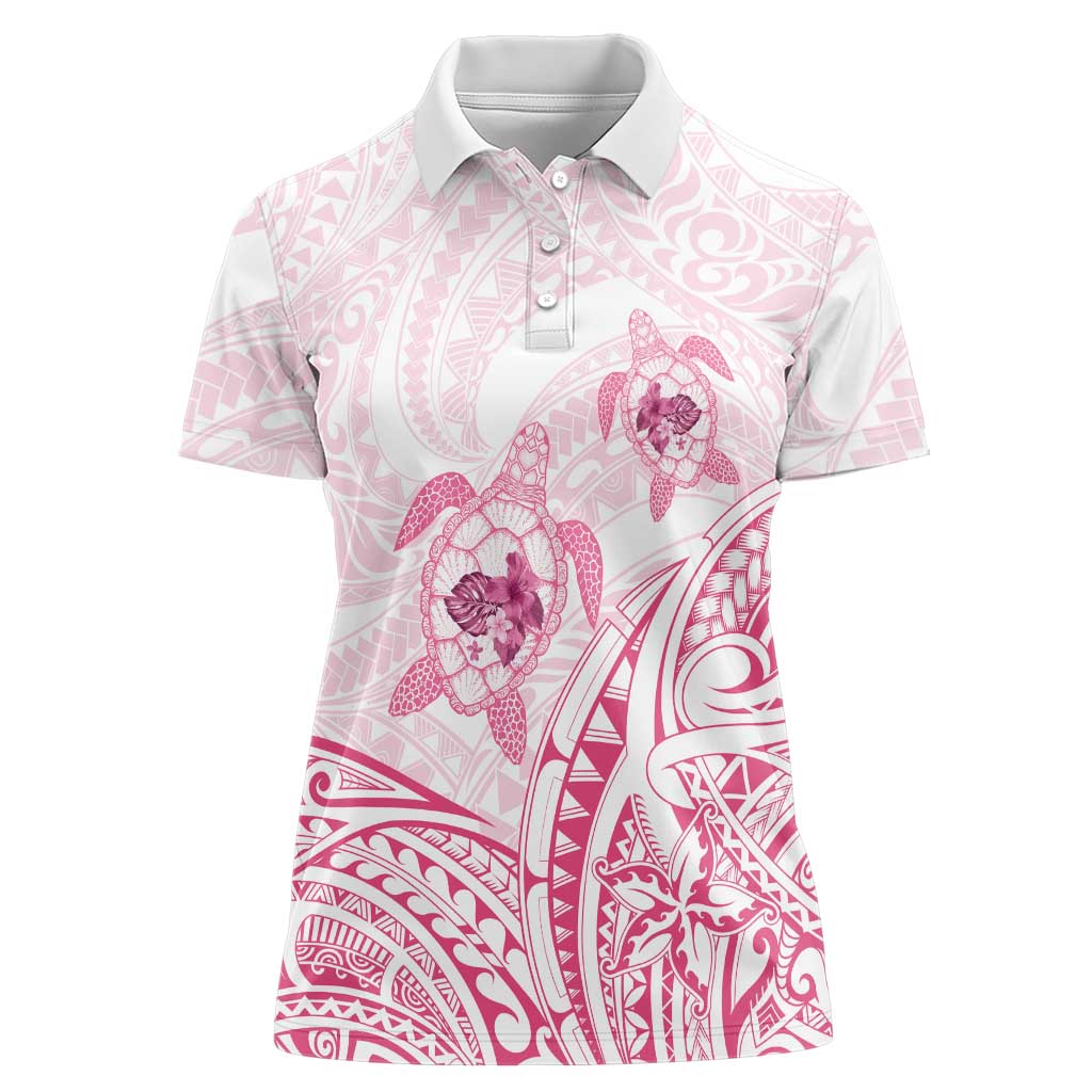 Pink White Polynesia Floral Sea Turtle Women Polo Shirt - Polynesian Pride