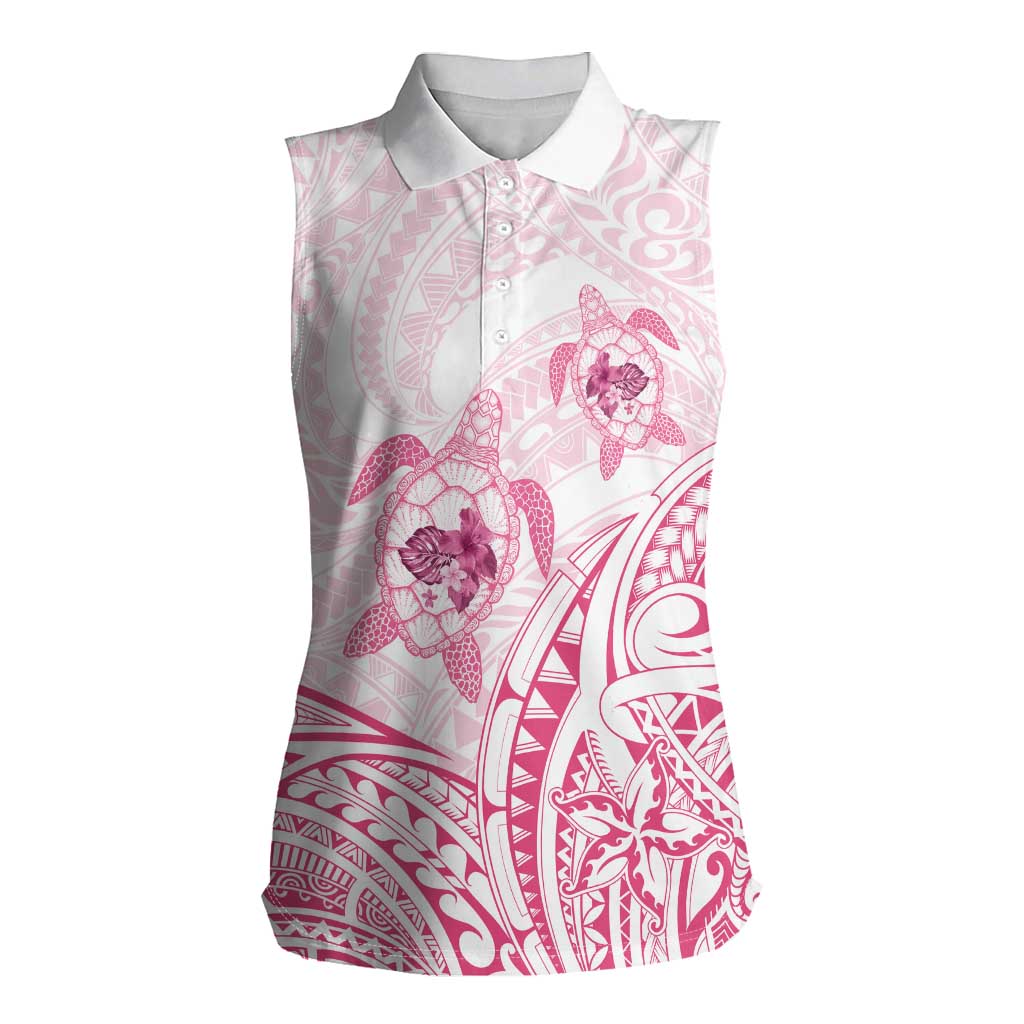 Pink White Polynesia Floral Sea Turtle Women Sleeveless Polo Shirt - Polynesian Pride