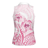 Pink White Polynesia Floral Sea Turtle Women Sleeveless Polo Shirt - Polynesian Pride