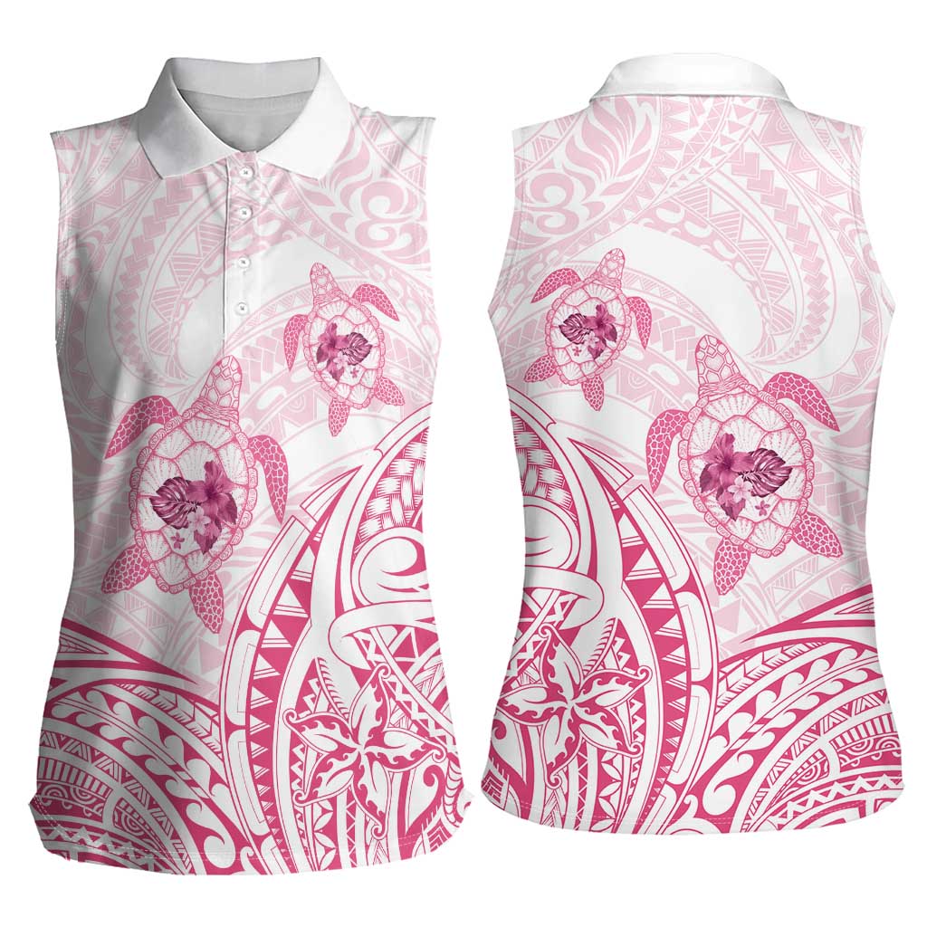 Pink White Polynesia Floral Sea Turtle Women Sleeveless Polo Shirt - Polynesian Pride