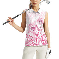 Pink White Polynesia Floral Sea Turtle Women Sleeveless Polo Shirt - Polynesian Pride